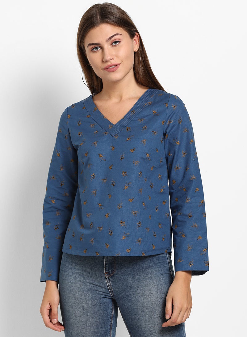 ABOF All Over Printed V-Neck Long Sleeve Top Blue - Image 1