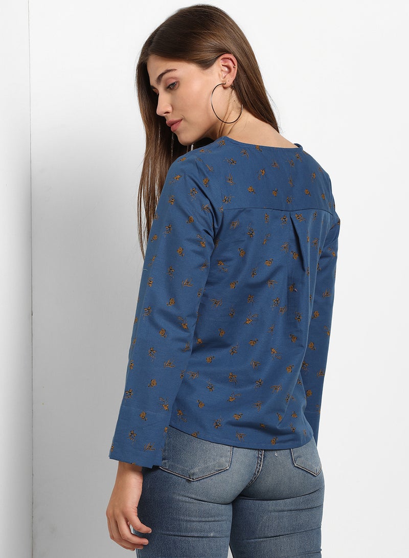 ABOF All Over Printed V-Neck Long Sleeve Top Blue - Image 2