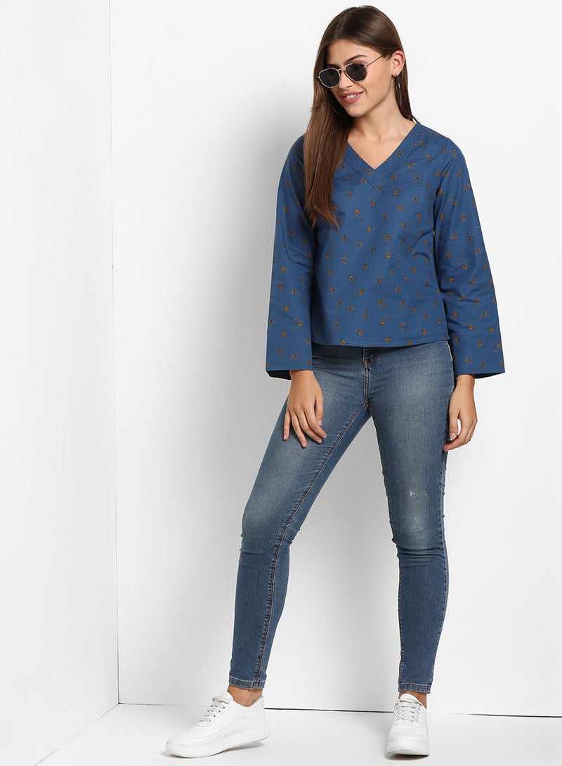 ABOF All Over Printed V-Neck Long Sleeve Top Blue - Image 3