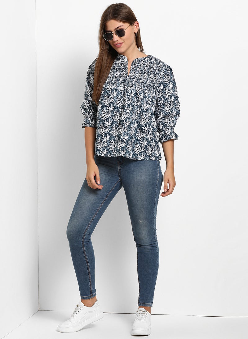 ABOF Printed Notch Neck Three-Quarter Sleeve Top Blue Multicolor  - Image 3