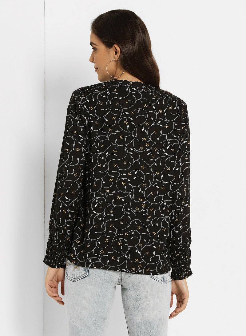 ABOF All Over Printed Keyhole Neck Long Sleeve Top Black/White/Yellow  - Image 2