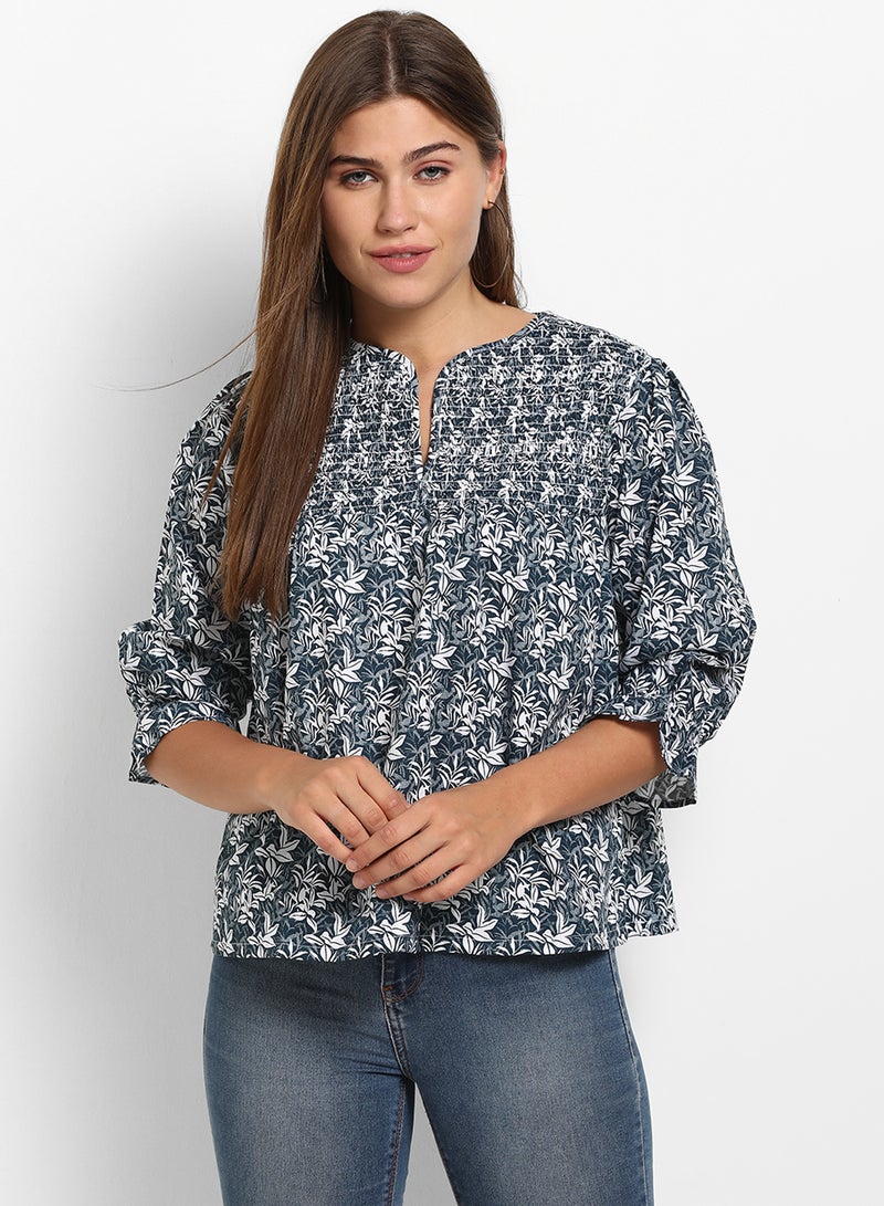 ABOF Printed Notch Neck Three-Quarter Sleeve Top Blue Multicolor  - Image 1