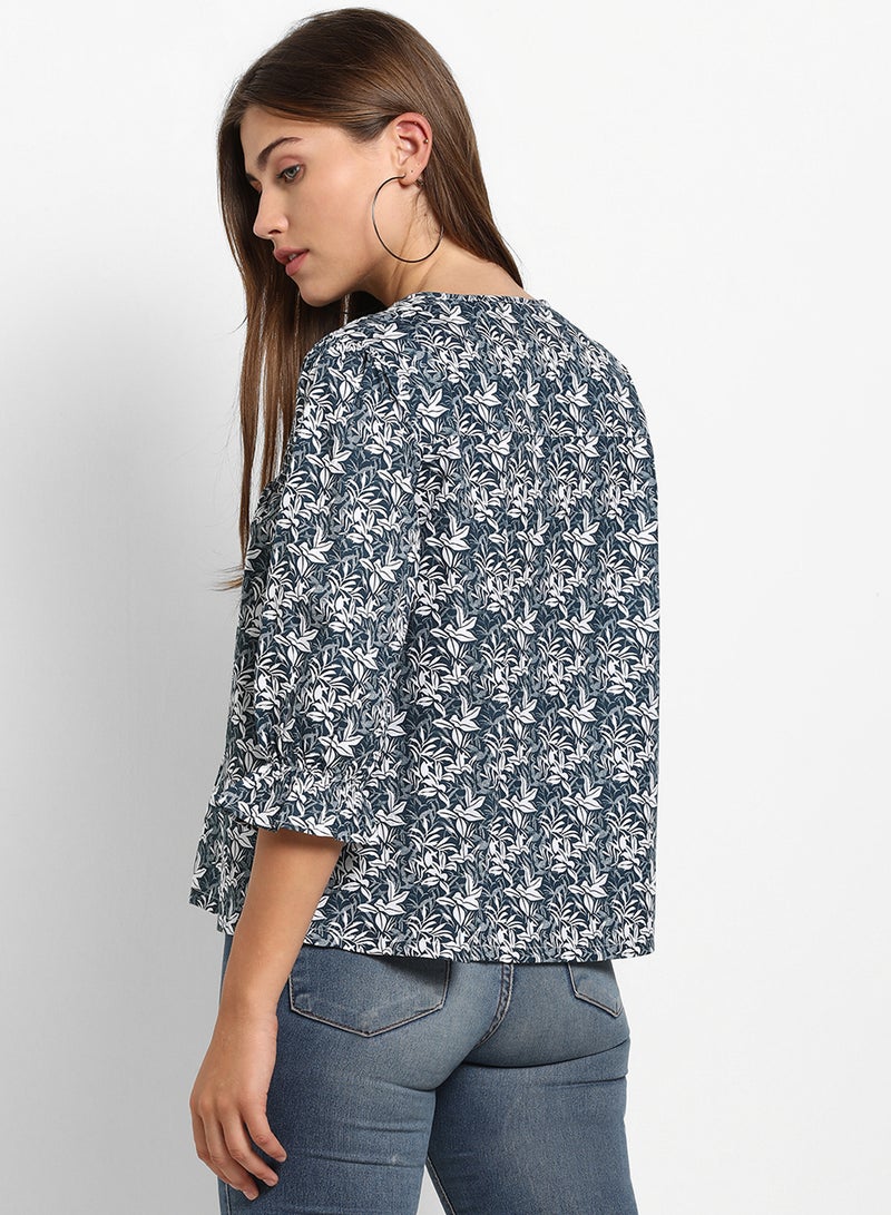 ABOF Printed Notch Neck Three-Quarter Sleeve Top Blue Multicolor  - Image 2