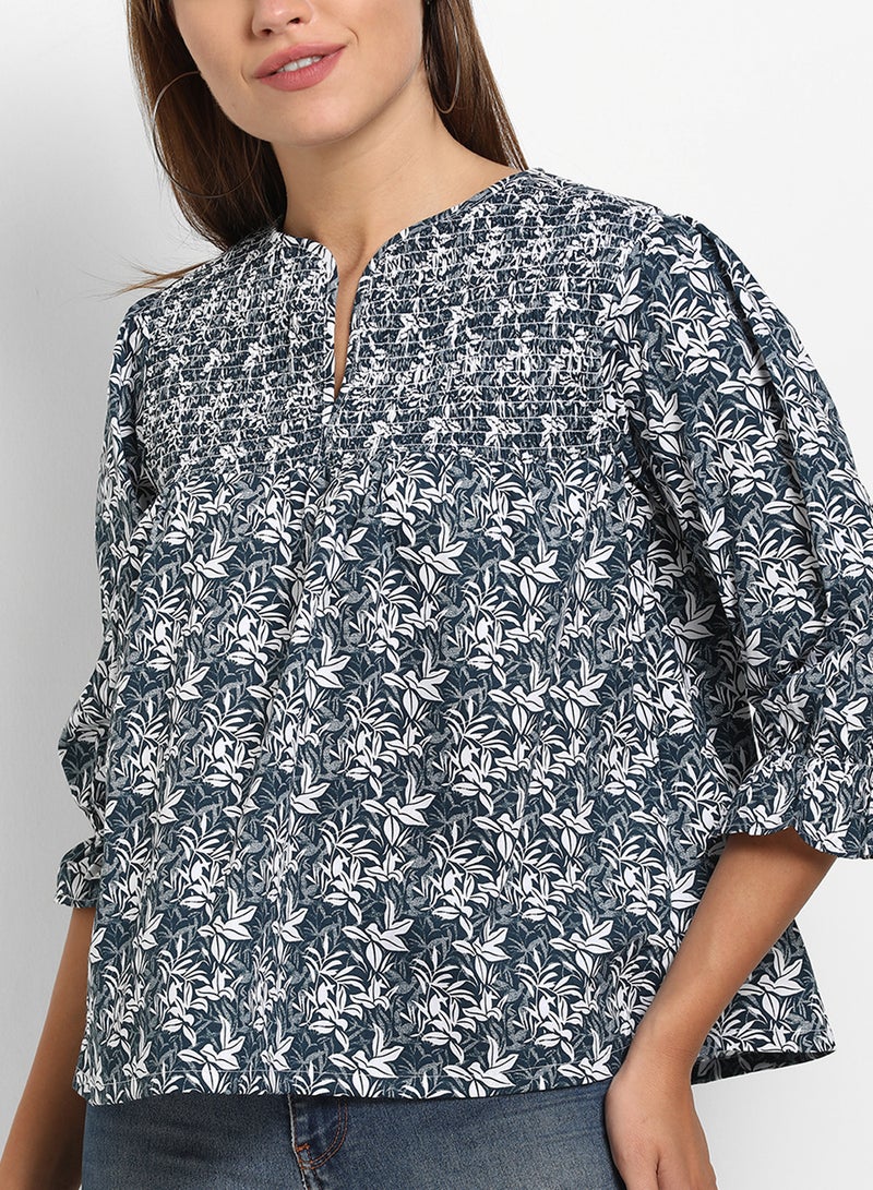 ABOF Printed Notch Neck Three-Quarter Sleeve Top Blue Multicolor  - Image 4