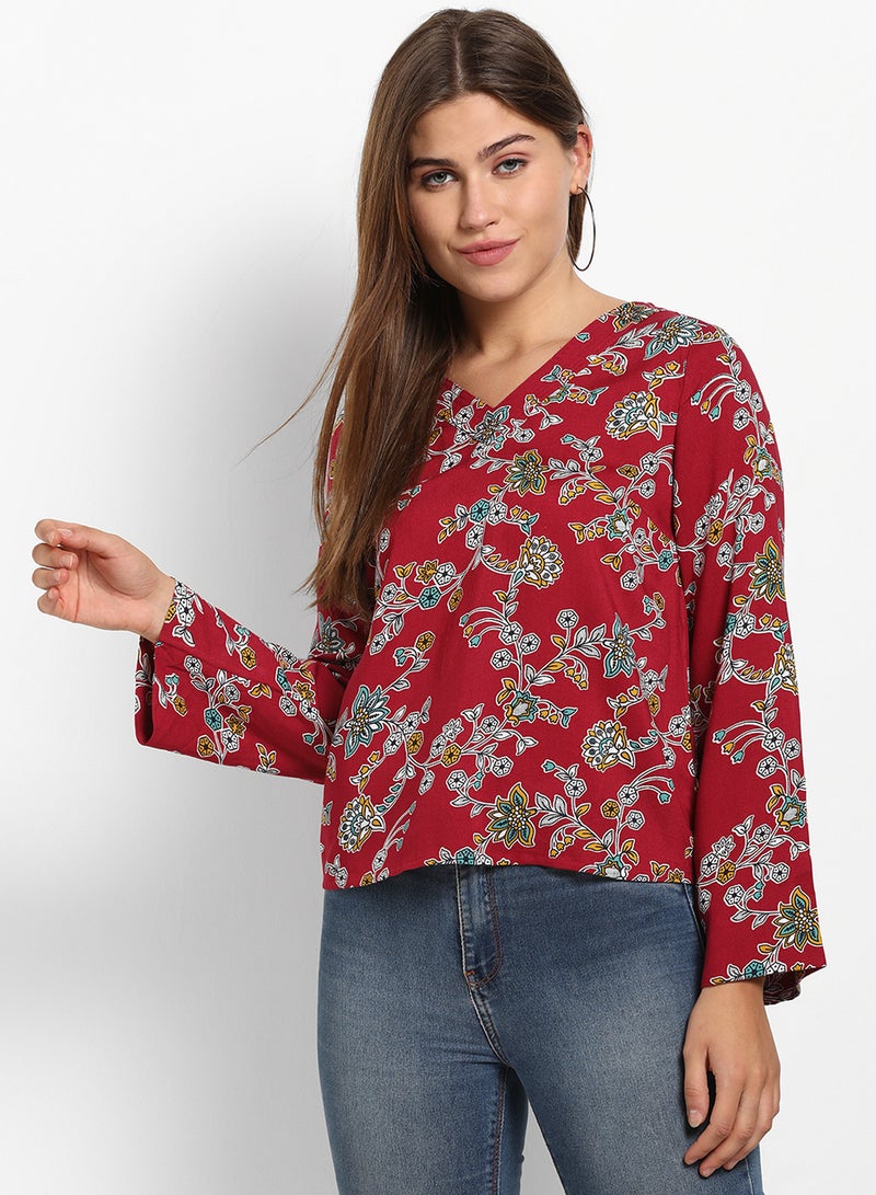 ABOF Printed V-Neck Long Sleeves Top Multicolour  - Image 1