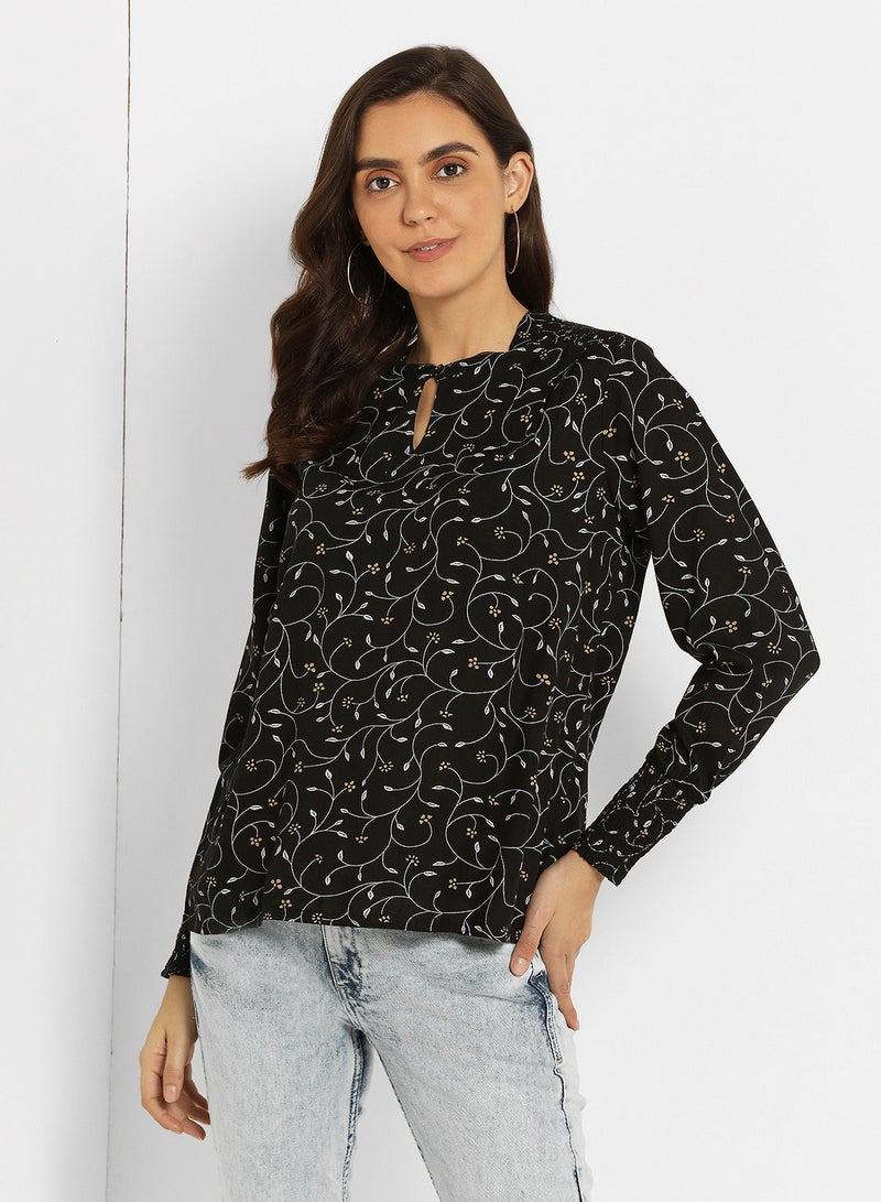 ABOF All Over Printed Keyhole Neck Long Sleeve Top Black/White/Yellow  - Image 1