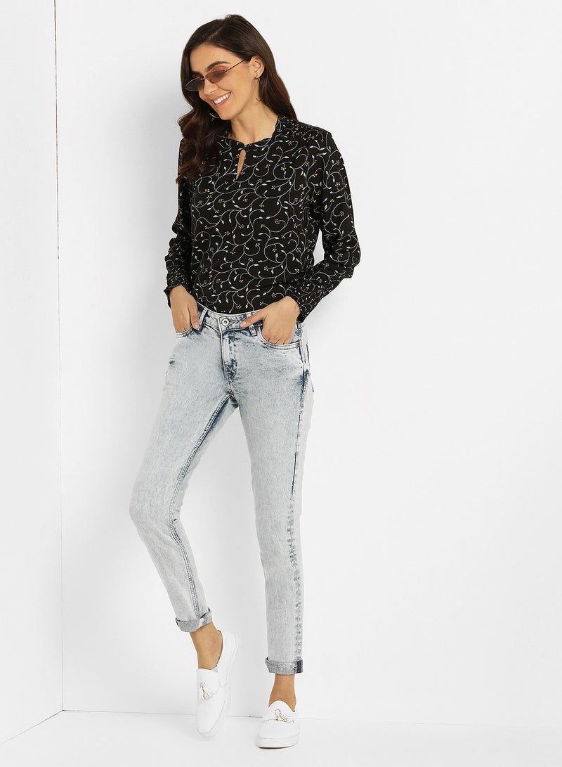 ABOF All Over Printed Keyhole Neck Long Sleeve Top Black/White/Yellow  - Image 3