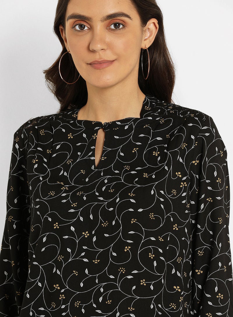 ABOF All Over Printed Keyhole Neck Long Sleeve Top Black/White/Yellow  - Image 4