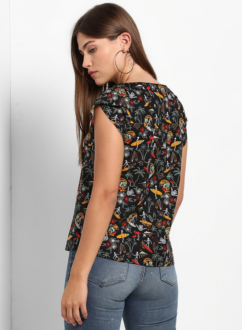 ABOF - All Over Printed Round Neck Cap Sleeve Top Multicolour - Image 1