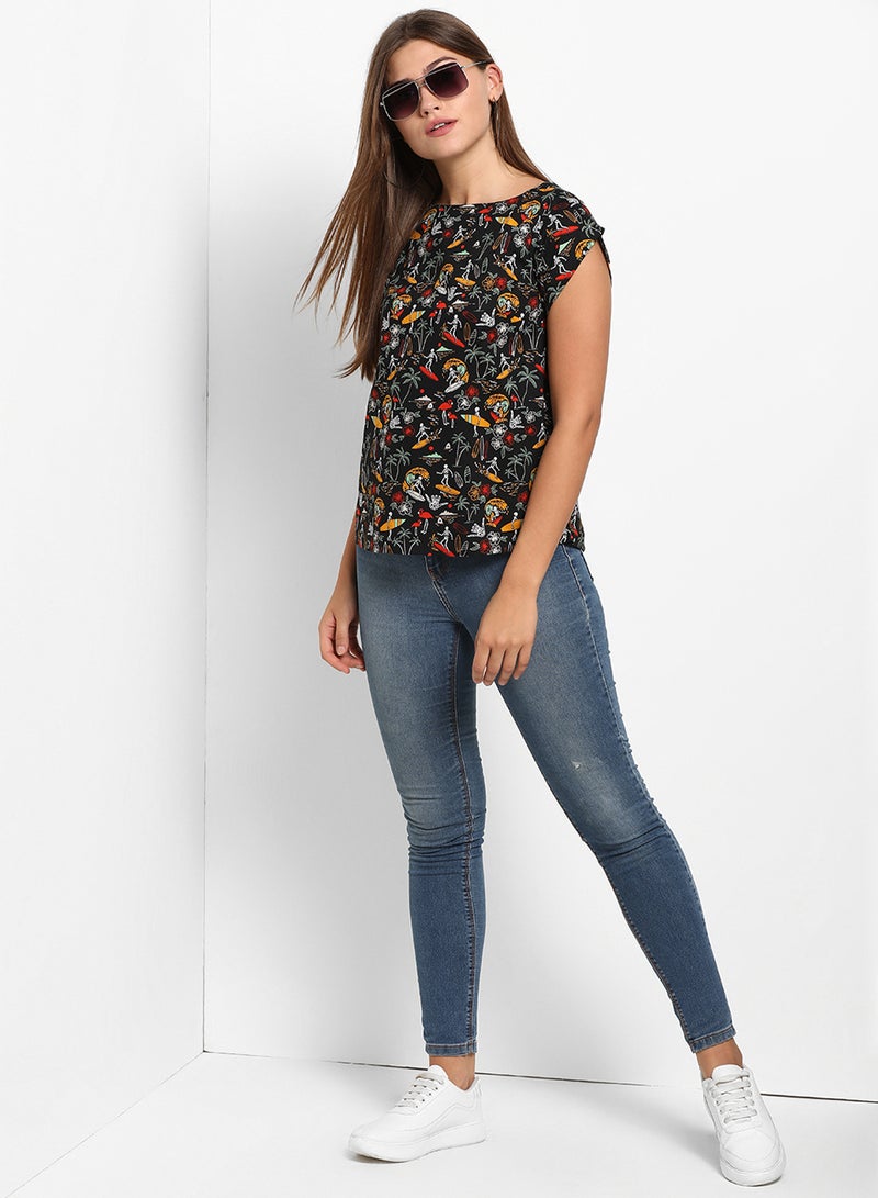 ABOF - All Over Printed Round Neck Cap Sleeve Top Multicolour - Image 1