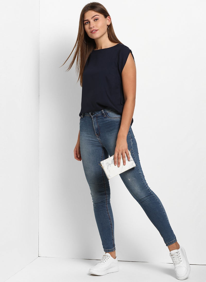 ABOF Cap Sleeves Plain Boat Neck Top Navy Blue  - Image 3