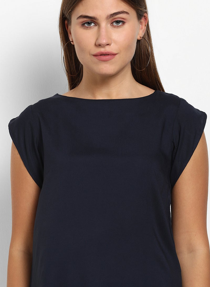 ABOF Cap Sleeves Plain Boat Neck Top Navy Blue  - Image 4