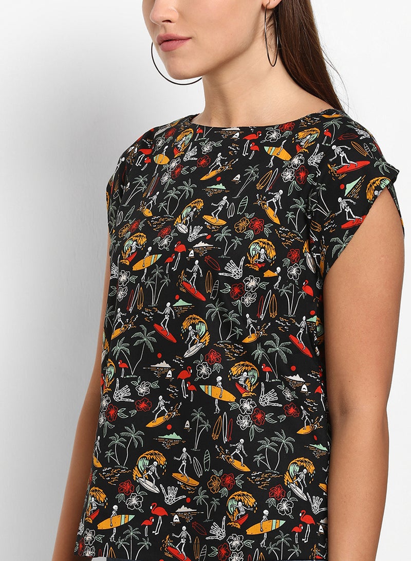 ABOF - All Over Printed Round Neck Cap Sleeve Top Multicolour - Image 1