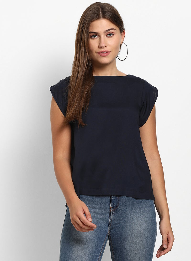 ABOF Cap Sleeves Plain Boat Neck Top Navy Blue  - Image 1