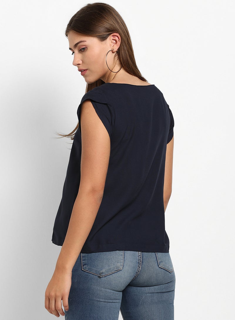 ABOF Cap Sleeves Plain Boat Neck Top Navy Blue  - Image 2