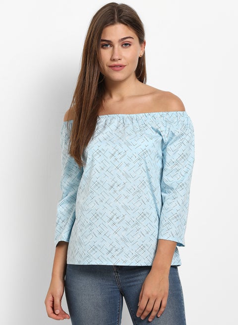 Printed Off-Shoulder Top Blue