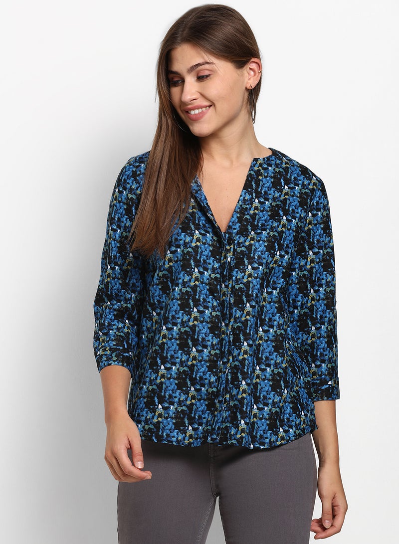 ABOF All Over Printed Notch Neck Three-Quarter Sleeve Top Blue/Black - Image 1