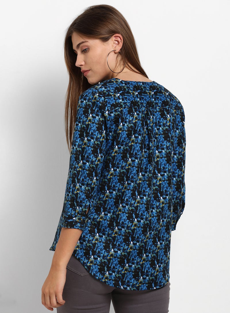ABOF All Over Printed Notch Neck Three-Quarter Sleeve Top Blue/Black - Image 2