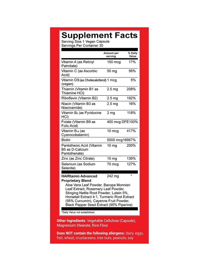 HAIRTAMIN - Advanced Formula Fast Hair Growth Vitamins - 30 Vegan Capsules - Image 1