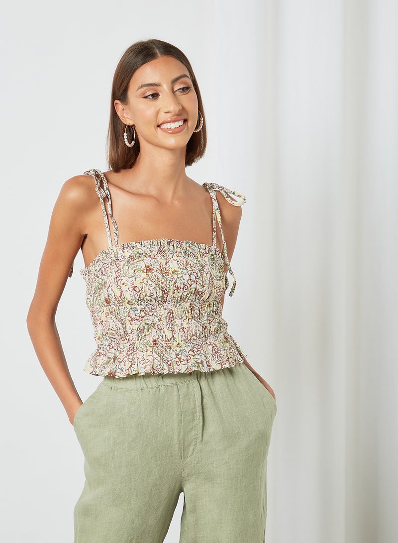 MANGO Smocked Floral Print Top Brown - Image 1