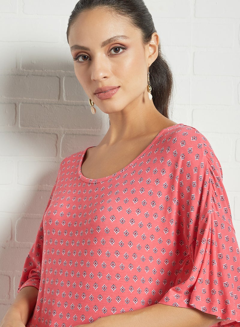 Aila Round Neck Printed Blouse Top Pink  - Image 2
