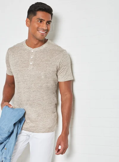 MANGO Linen Henley T-Shirt Beige