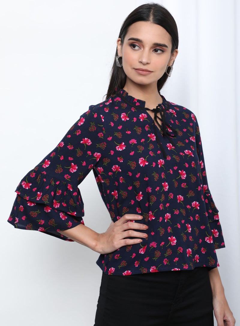 Aila Keyhole Neck Floral Pattern Blouse Top Navy Aop  - Image 3