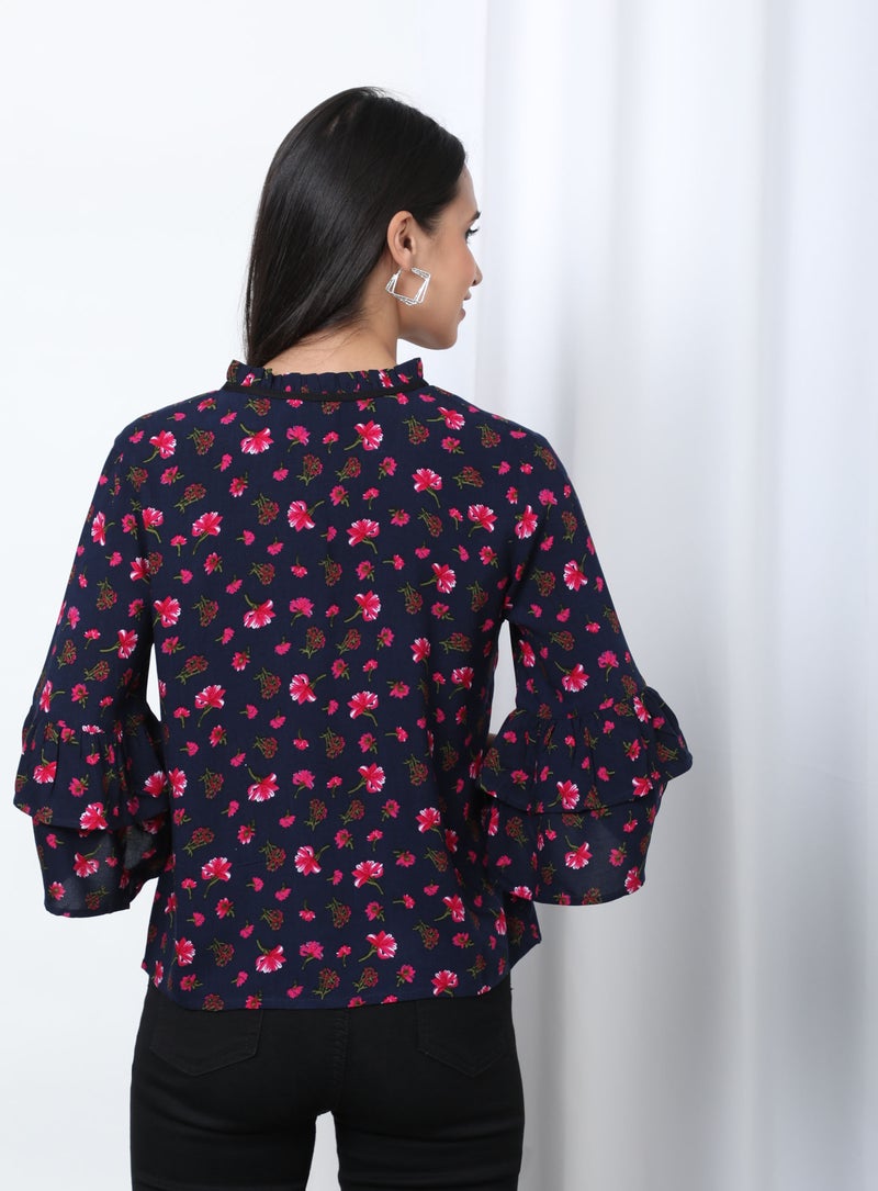 Aila Keyhole Neck Floral Pattern Blouse Top Navy Aop  - Image 2