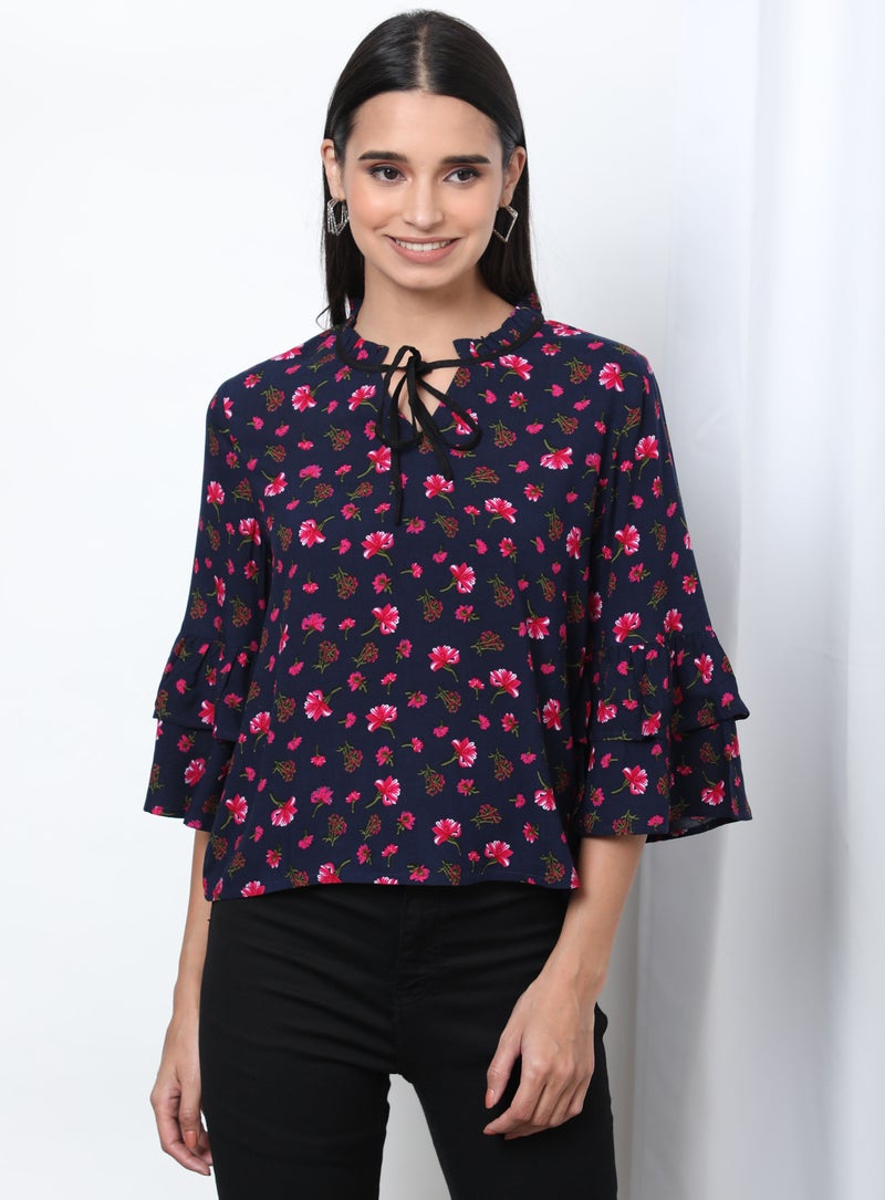Aila Keyhole Neck Floral Pattern Blouse Top Navy Aop  - Image 1