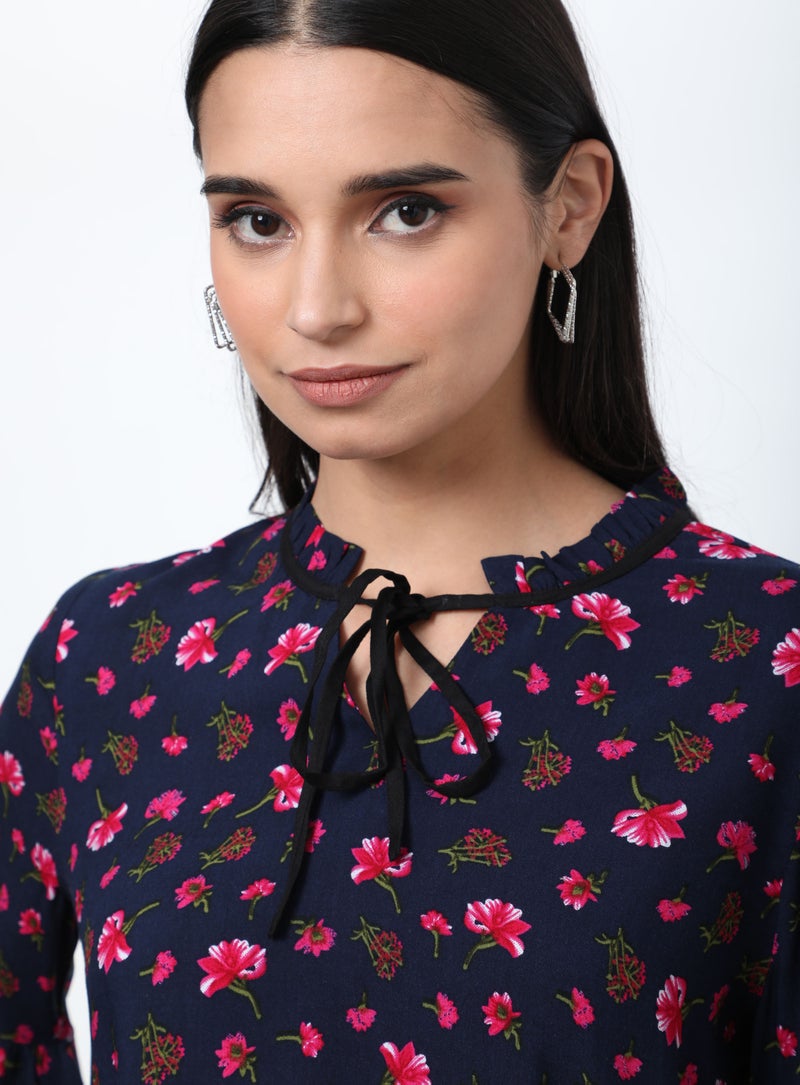 Aila Keyhole Neck Floral Pattern Blouse Top Navy Aop  - Image 4