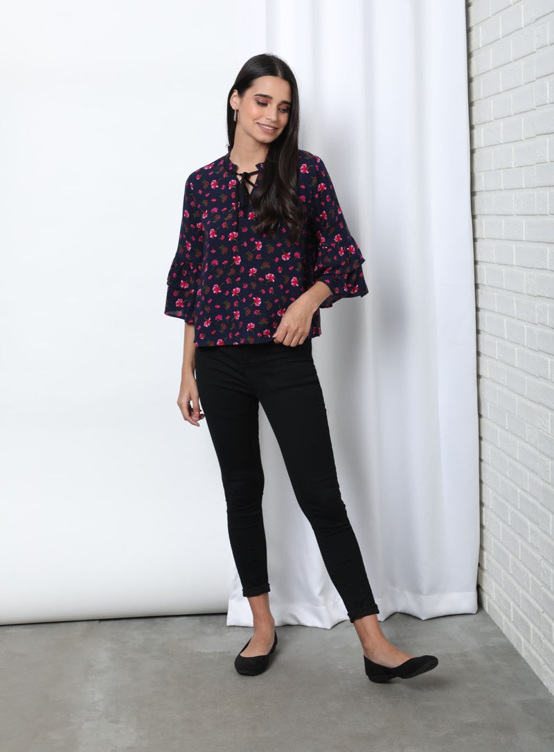 Aila Keyhole Neck Floral Pattern Blouse Top Navy Aop  - Image 5