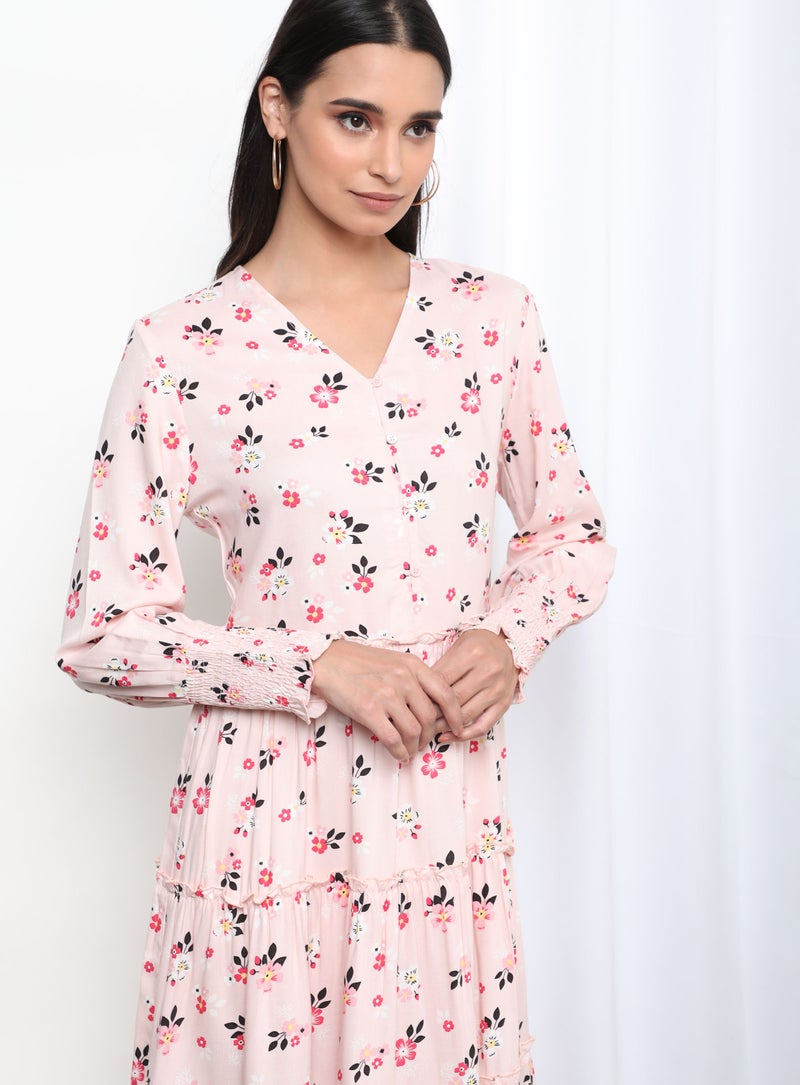 Aila - V-Neck Floral Patterin Dress Light Pink Aop - Image 1