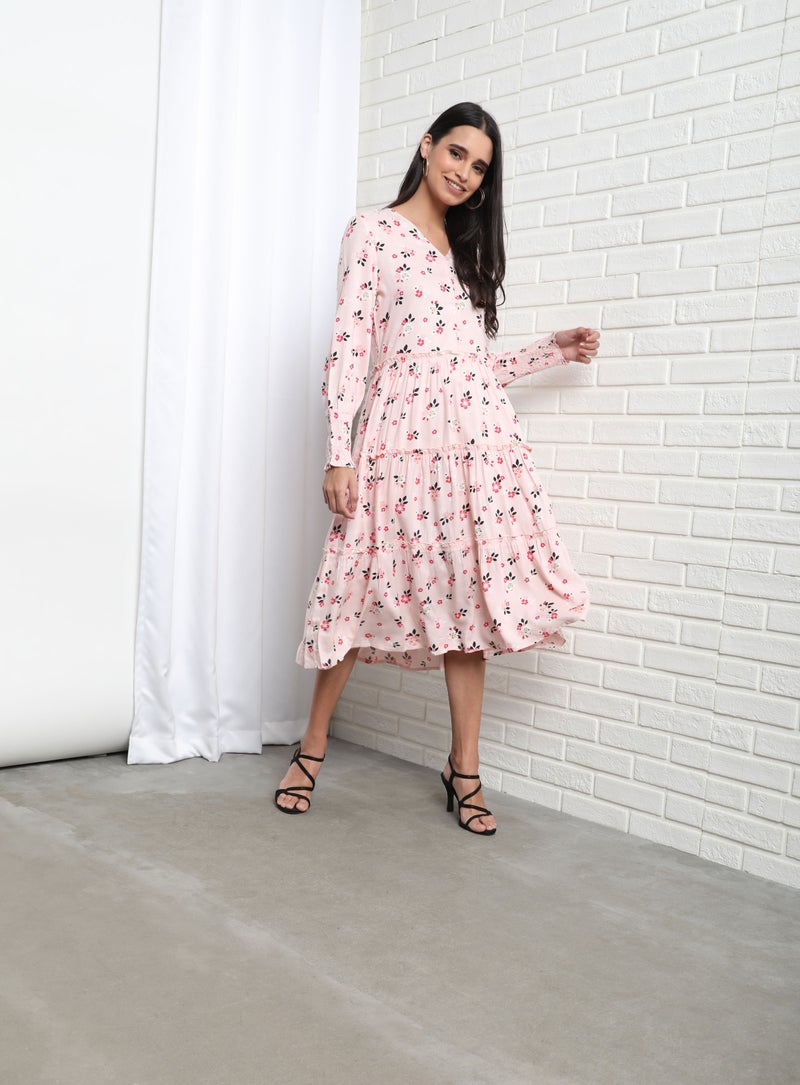 Aila - V-Neck Floral Patterin Dress Light Pink Aop - Image 1