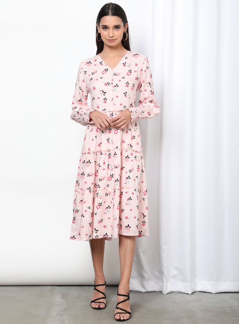 Aila - V-Neck Floral Patterin Dress Light Pink Aop - Image 1