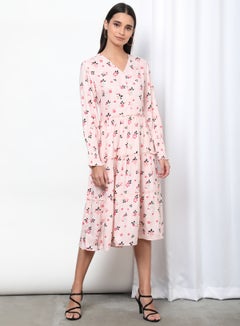 V-Neck Floral Patterin Dress Light Pink Aop