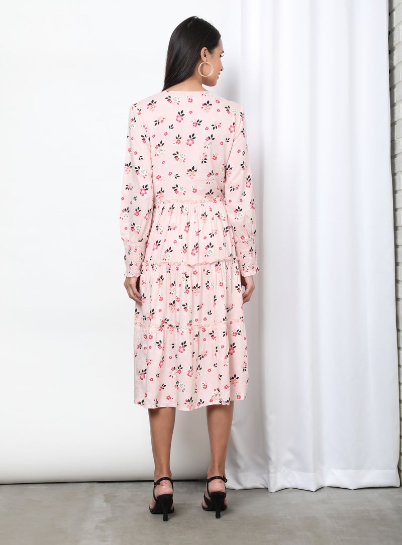 Aila - V-Neck Floral Patterin Dress Light Pink Aop - Image 1