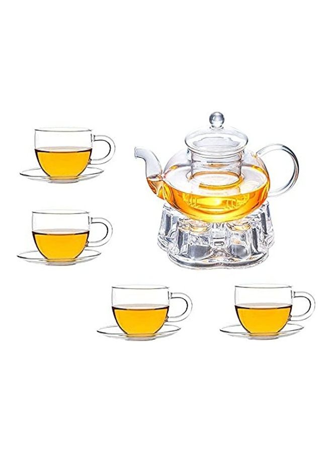 Lushh - Glass Teapot With  Crystal Heart Shape Warmer And 4 Tea Cups Set Clear - Image 1