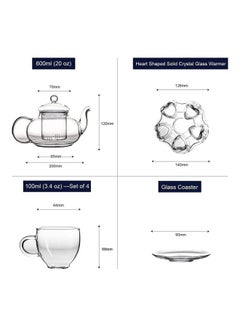 Lushh Glass Teapot With  Crystal Heart Shape Warmer And 4 Tea Cups Set Clear  - Image 3