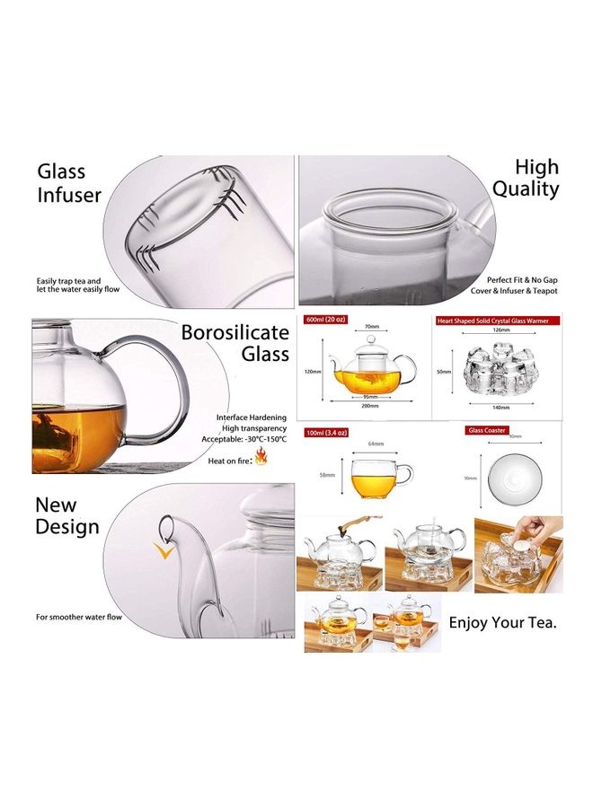 Lushh - Glass Teapot With  Crystal Heart Shape Warmer And 4 Tea Cups Set Clear - Image 1