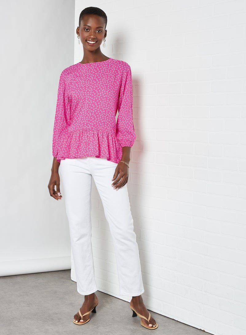 Aila Round Neck Printed Blouse Top Pink Aop  - Image 2