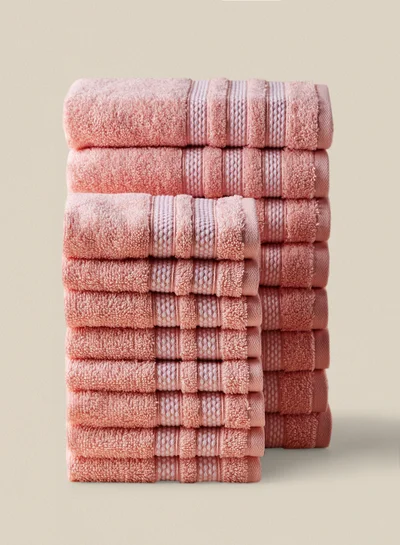 Noon East 16 Piece Bathroom Towel Set - 500 GSM 100% Cotton Premium Quality - 8 Hand Towel - 8 Face Towel - Highly Absorbent - Fast Dry Coral/White