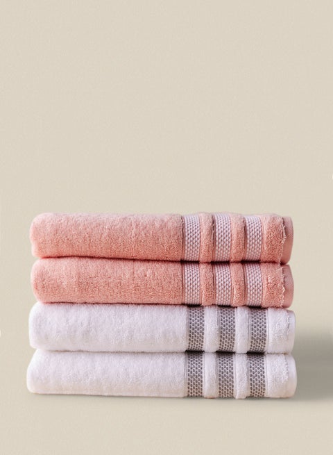 4 Piece Bathroom Towel Set - 500 GSM 100% Cotton Low Twist - 4 Bath Towel - Multicolor White/Coral Color - Highly Absorbent - Fast Dry White/Coral 76 x 142cm