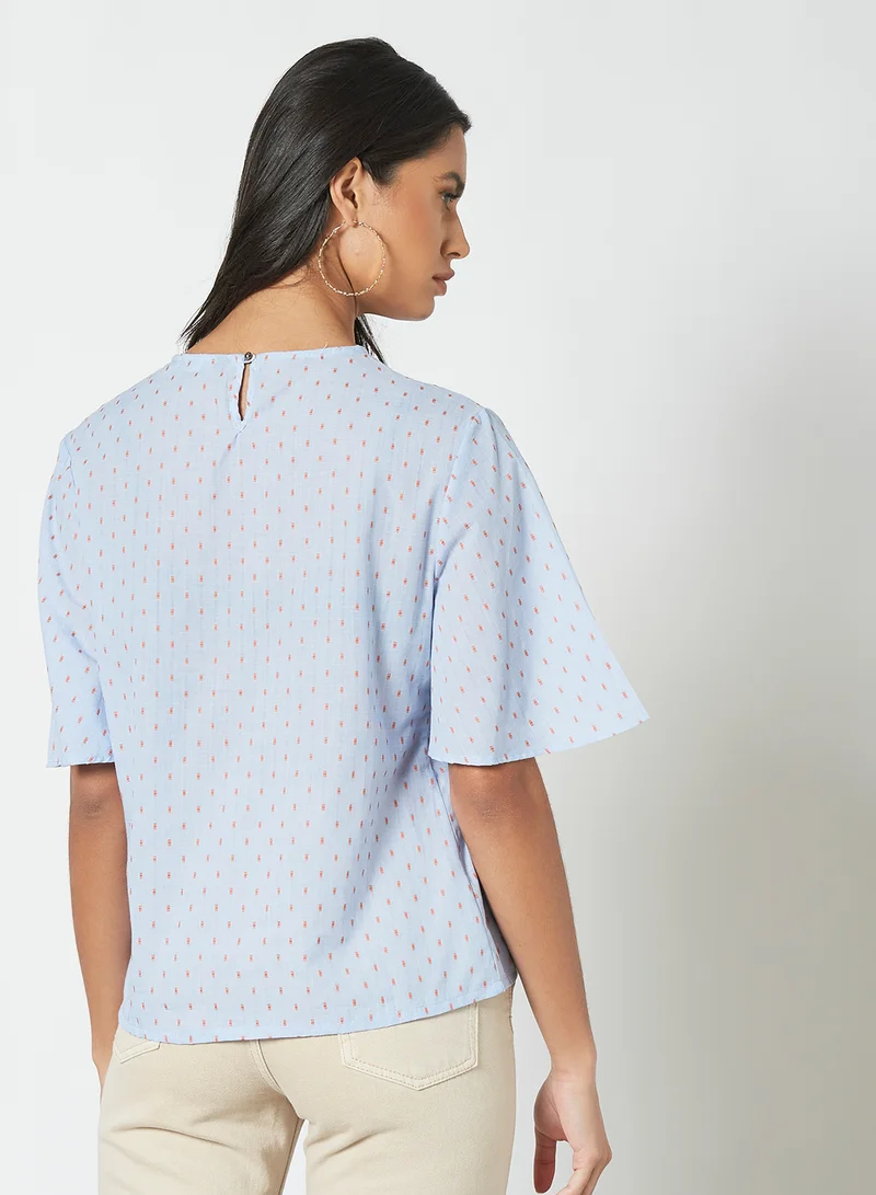 Aila Polka Dot Pattern Round Neck Blouse Top light blue
