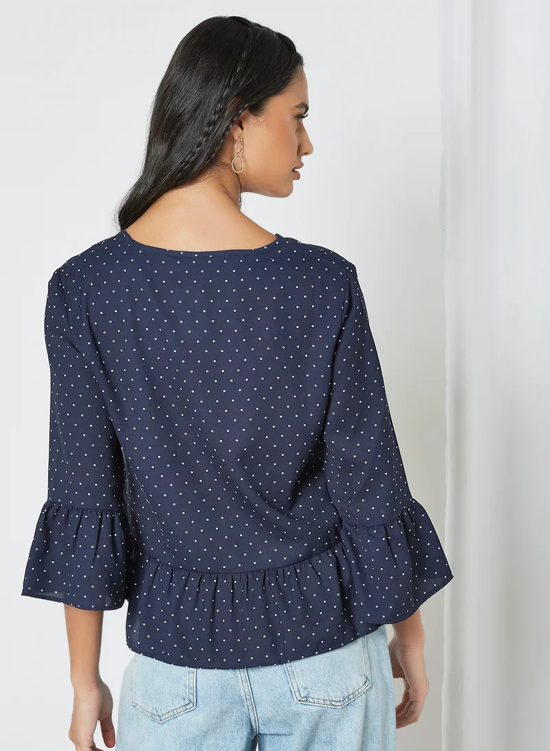 Aila Casual V-Neck Bell Sleeve Blouse Blue