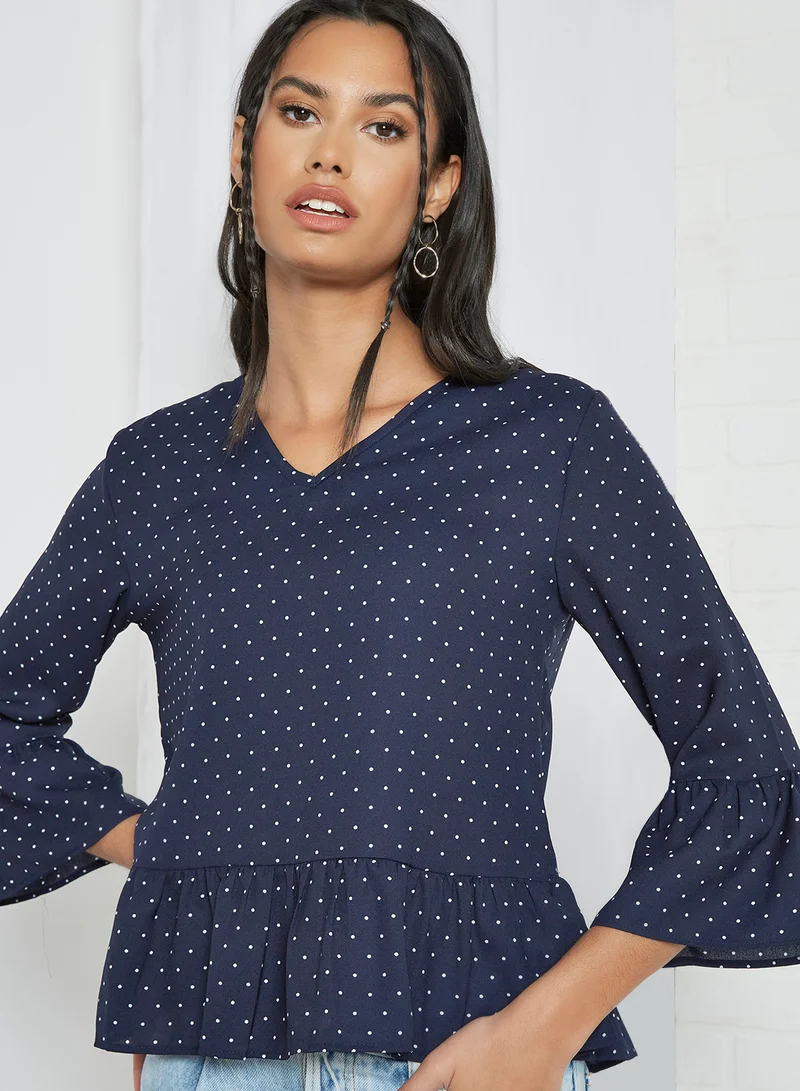 Aila Casual V-Neck Bell Sleeve Blouse Blue