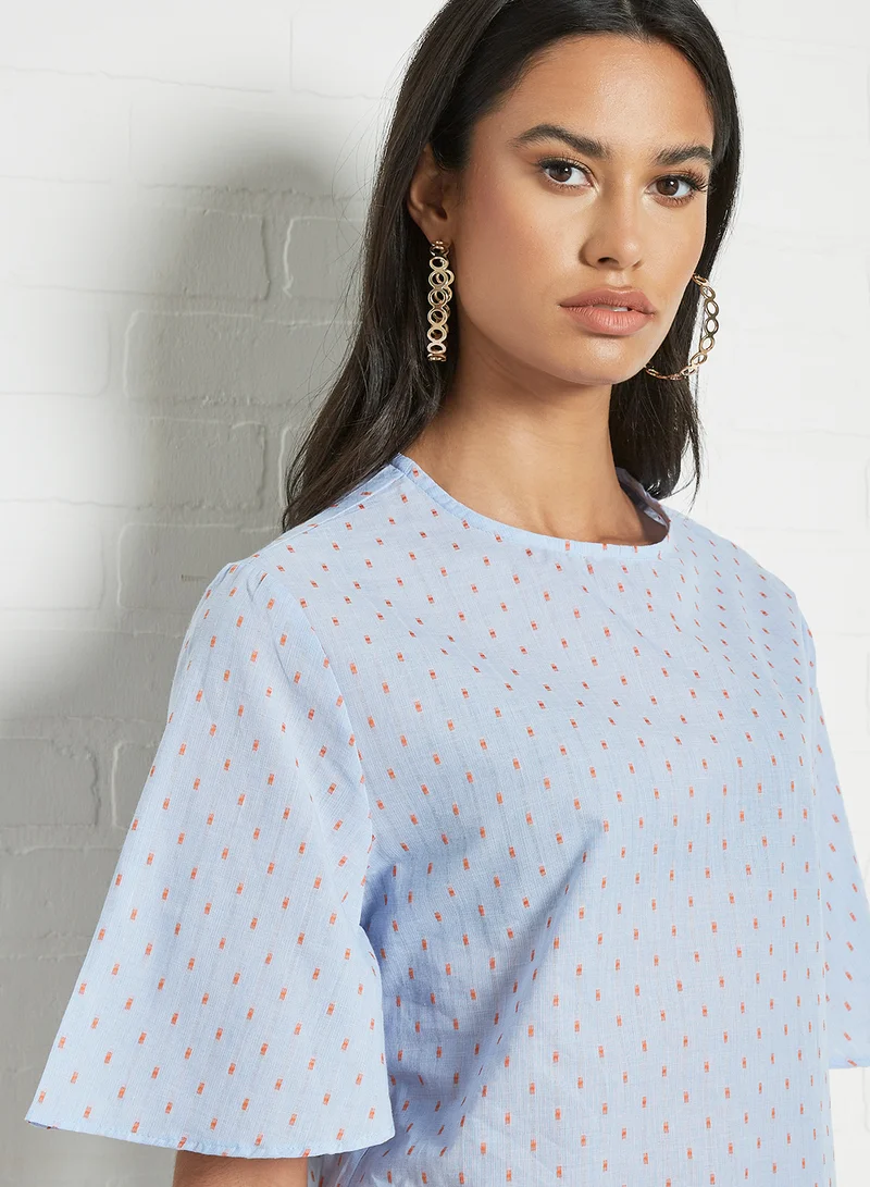 Aila Polka Dot Pattern Round Neck Blouse Top light blue