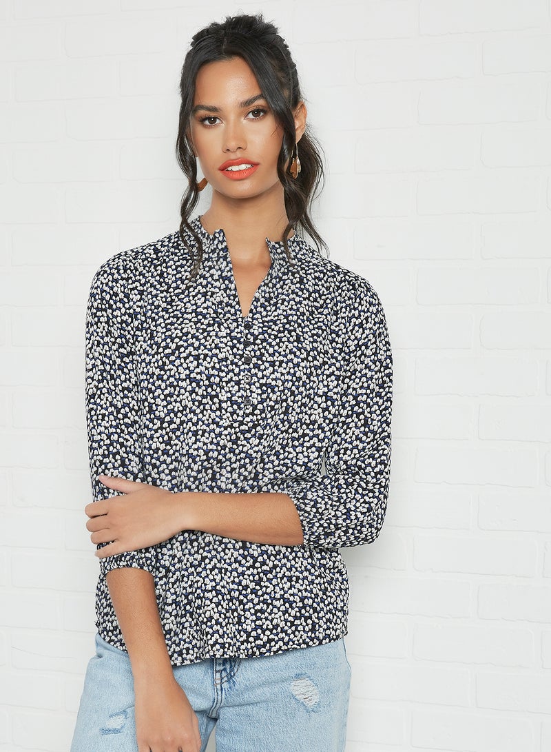 Aila Casual Printed Henley Neck Blouse Black Aop - Image 1