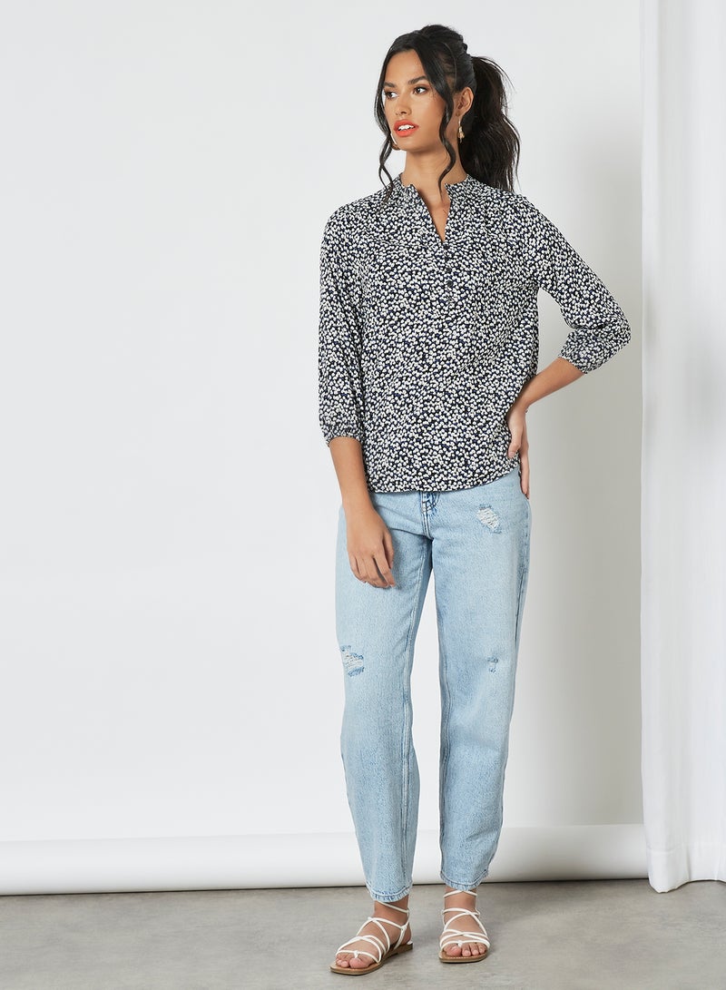 Aila Casual Printed Henley Neck Blouse Black Aop - Image 2