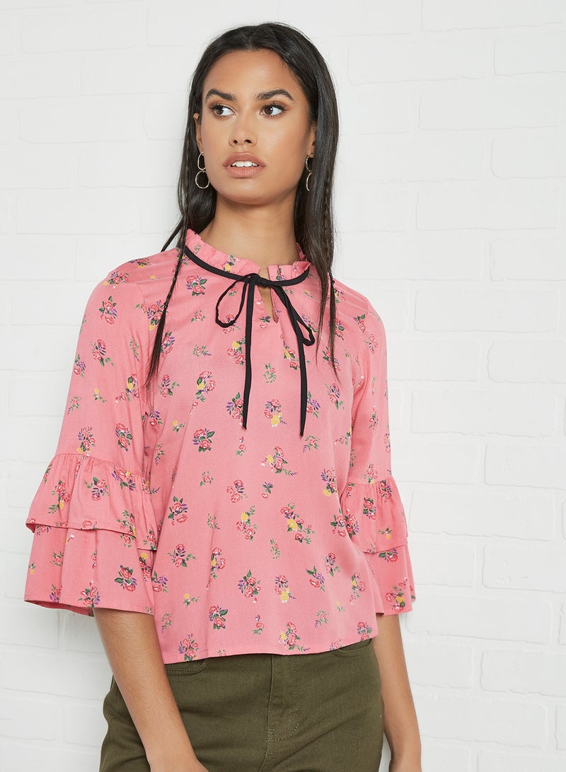Aila Casual Floral Printed Bell Sleeve Blouse Pink Aop - Image 1