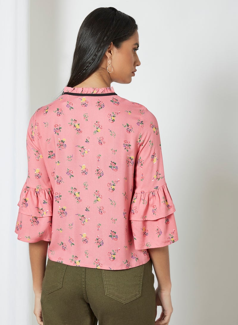 Aila Casual Floral Printed Bell Sleeve Blouse Pink Aop - Image 3